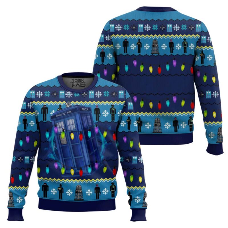 Hooktab Police Box Doctor Who Ugly Christmas Sweater Hooktab Police Box Doctor Who Ugly Christmas Sweater