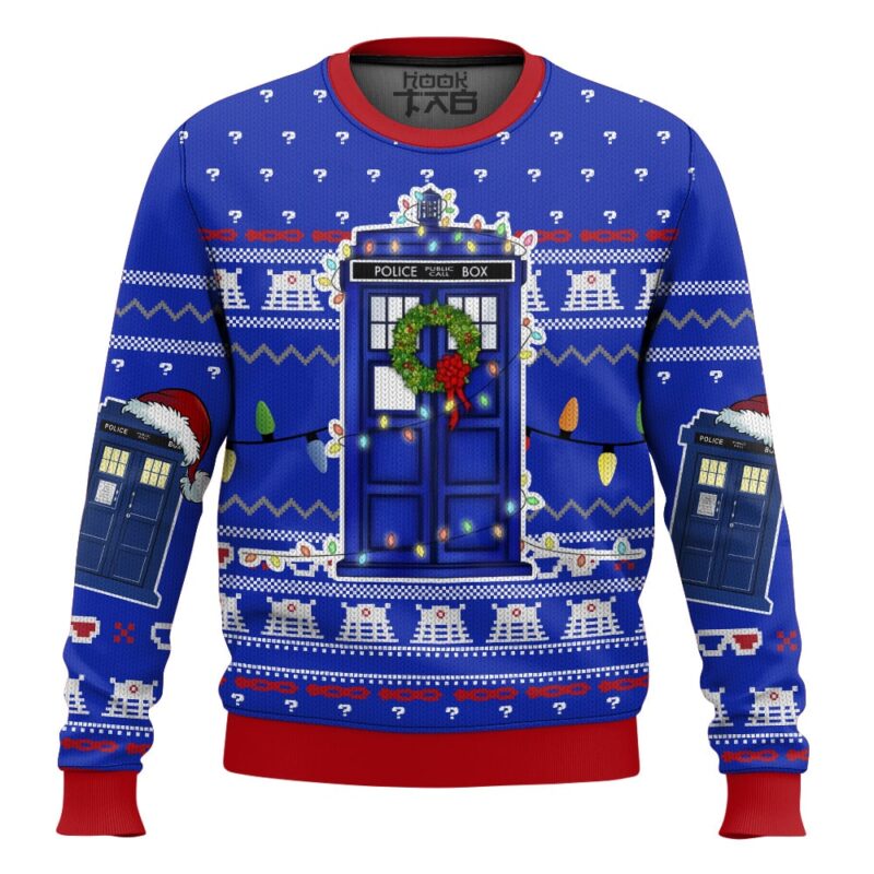 Hooktab Police Box Tardis Doctor Who Ugly Christmas Sweater