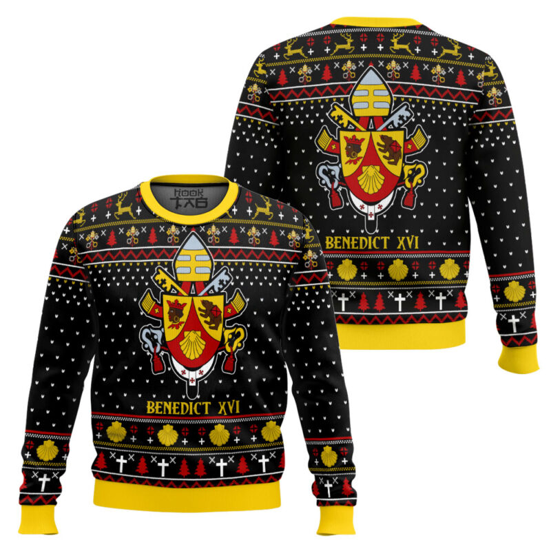 Hooktab Pope Benedict XVI Coat Of Arms Ugly Christmas Sweater Hooktab Pope Benedict XVI Coat Of Arms Ugly Christmas Sweater