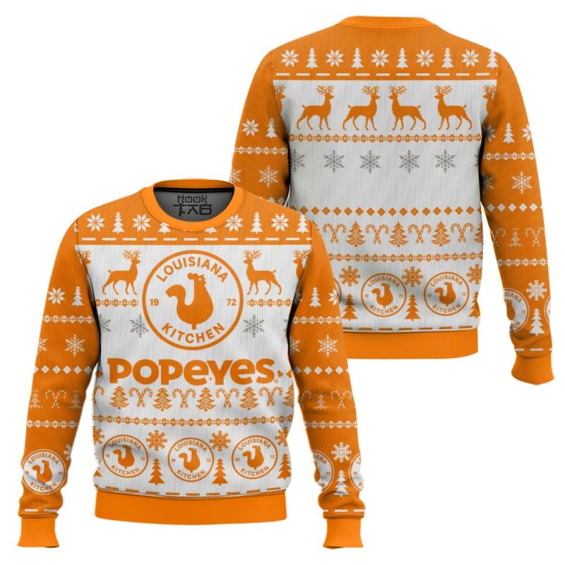 Hooktab Popeyes Louisiana Kitchen Ugly Christmas Sweater Hooktab Popeyes Louisiana Kitchen Ugly Christmas Sweater