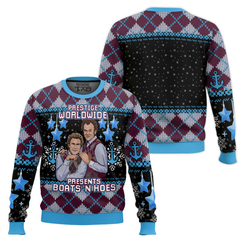 Hooktab Prestige Worldwide Boats 'N Hoes Step Brothers Ugly Christmas Sweater Hooktab Prestige Worldwide Boats 'N Hoes Step Brothers Ugly Christmas Sweater