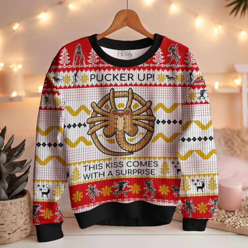 Hooktab Pucker Up Facehugger Alien Ugly Christmas Sweater Hooktab Pucker Up Facehugger Alien Ugly Christmas Sweater