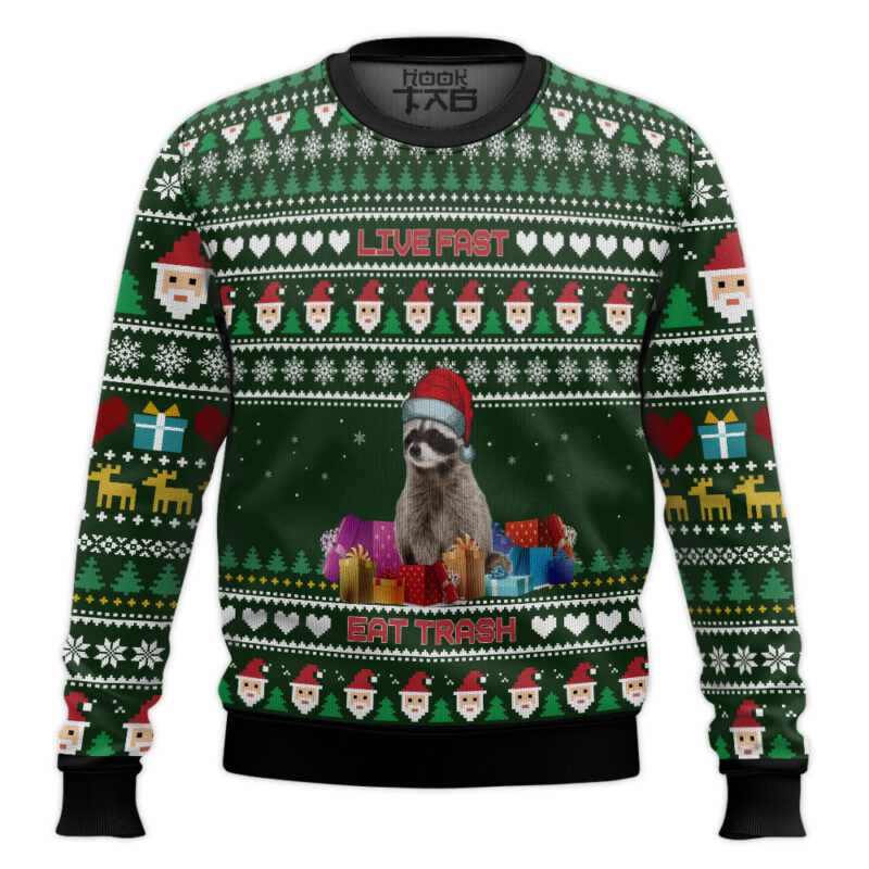 Hooktab Raccoon Live Fast, Eat Trash Ugly Christmas Sweater