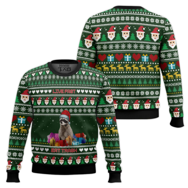 Hooktab Raccoon Live Fast, Eat Trash Ugly Christmas Sweater Hooktab Raccoon Live Fast, Eat Trash Ugly Christmas Sweater