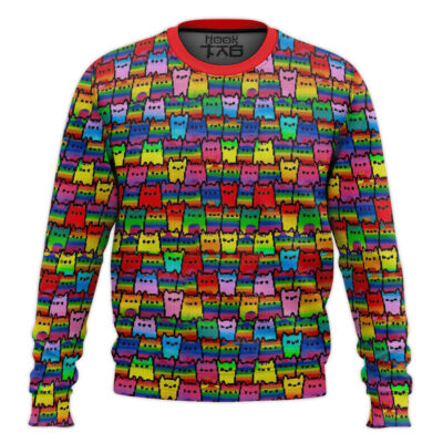 Hooktab Rainbow Flag Cat LGBT Support Ugly Christmas Sweater