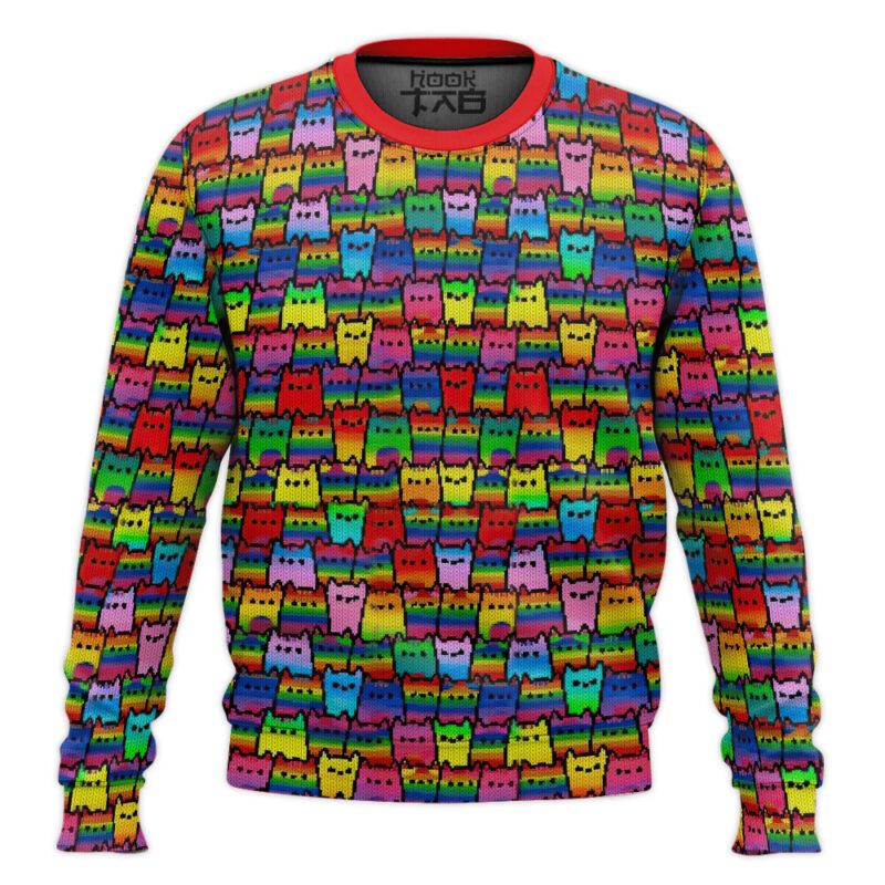 Hooktab Rainbow Flag Cat LGBT Support Ugly Christmas Sweater
