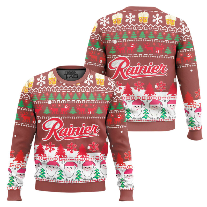 Hooktab Rainier Beer Santa Claus Ugly Christmas Sweater Hooktab Rainier Beer Santa Claus Ugly Christmas Sweater