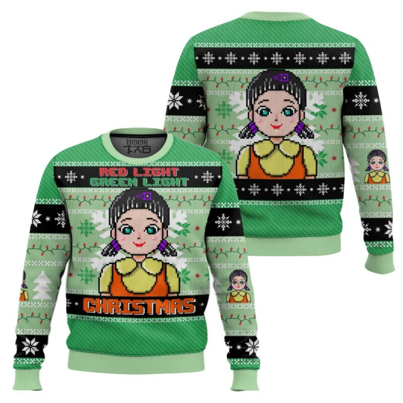 Hooktab Red & Green Light Squid Game Ugly Christmas Sweater Hooktab Red & Green Light Squid Game Ugly Christmas Sweater