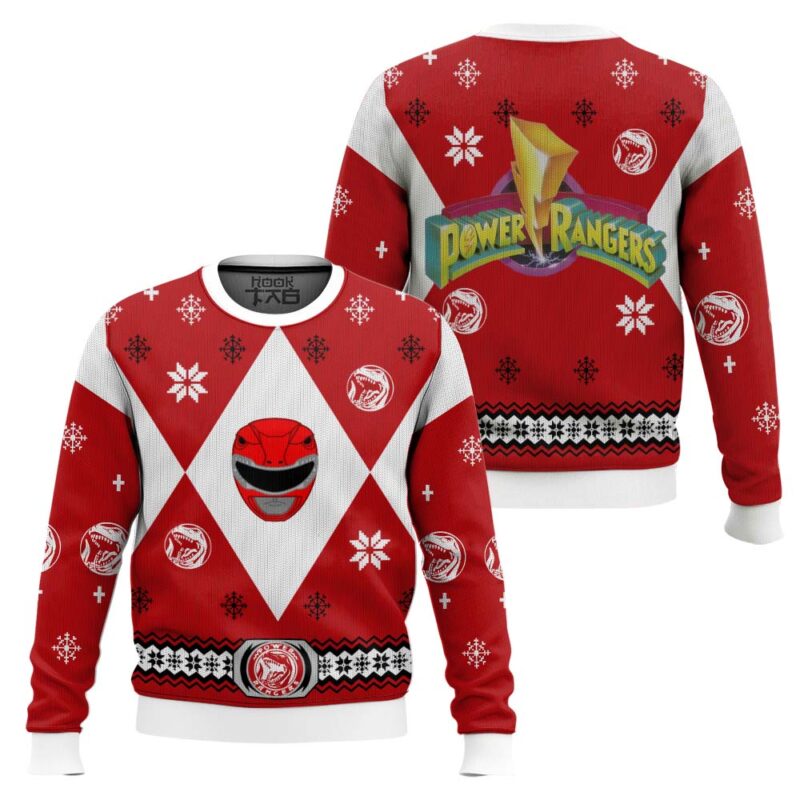 Hooktab Red Power Rangers Ugly Christmas Sweater Hooktab Red Power Rangers Ugly Christmas Sweater