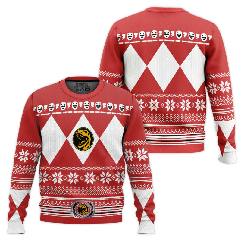 Hooktab Red Ranger Mighty Morphin Power Ranger Ugly Christmas Sweater Hooktab Red Ranger Mighty Morphin Power Ranger Ugly Christmas Sweater