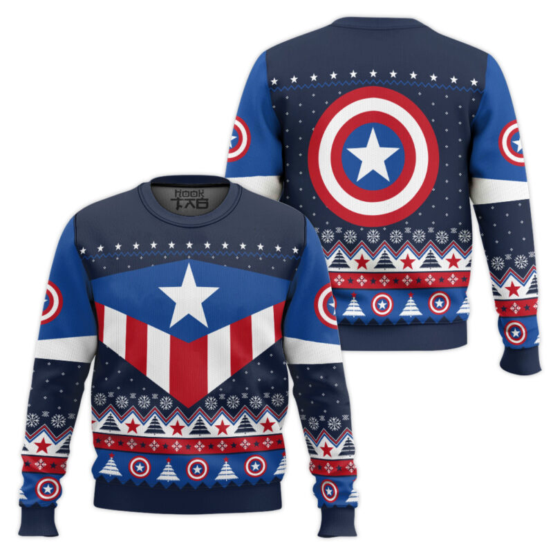 Hooktab Red White And Blue Captain America Ugly Christmas Sweater Hooktab Red White And Blue Captain America Ugly Christmas Sweater