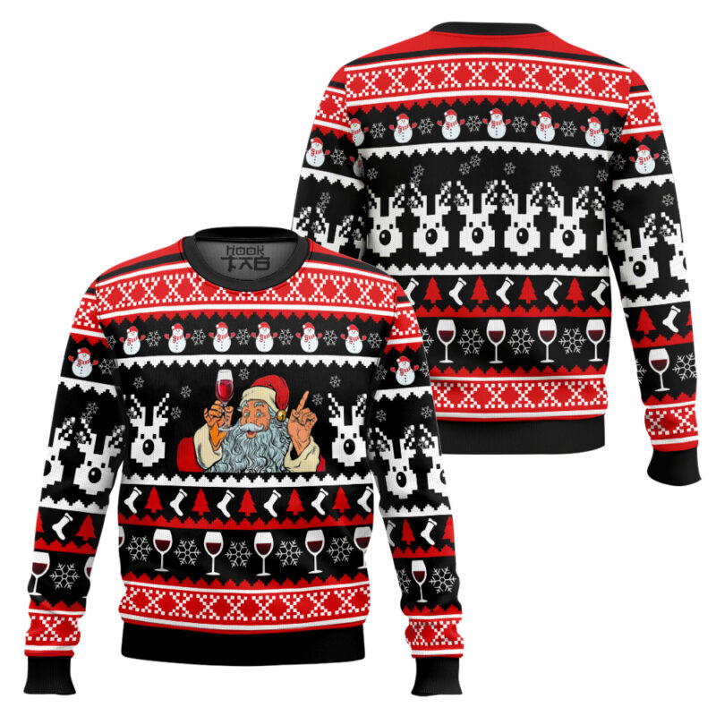 Hooktab Red Wine Santa Ugly Christmas Sweater Hooktab Red Wine Santa Ugly Christmas Sweater