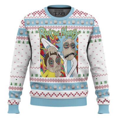 Hooktab Rick And Morty In Mushroom Tripping Ugly Christmas Sweater