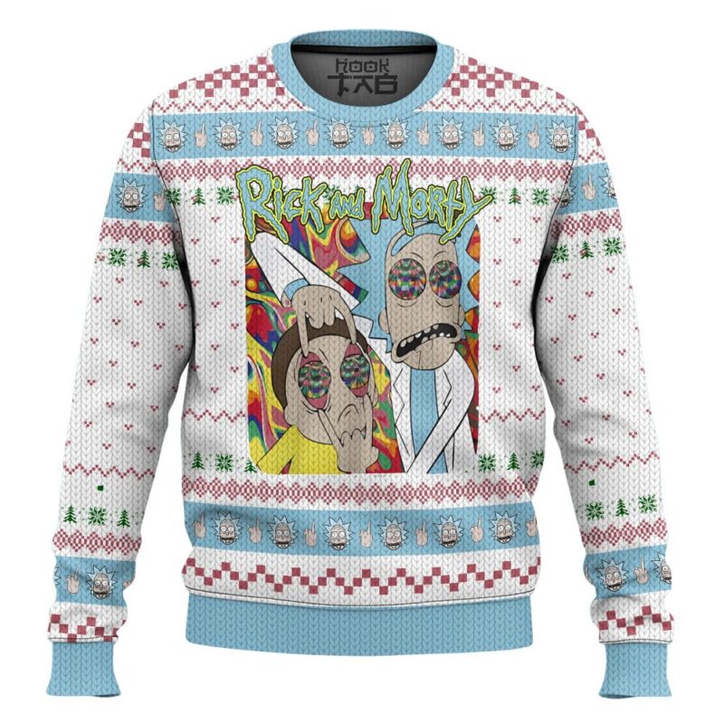 Hooktab Rick And Morty In Mushroom Tripping Ugly Christmas Sweater