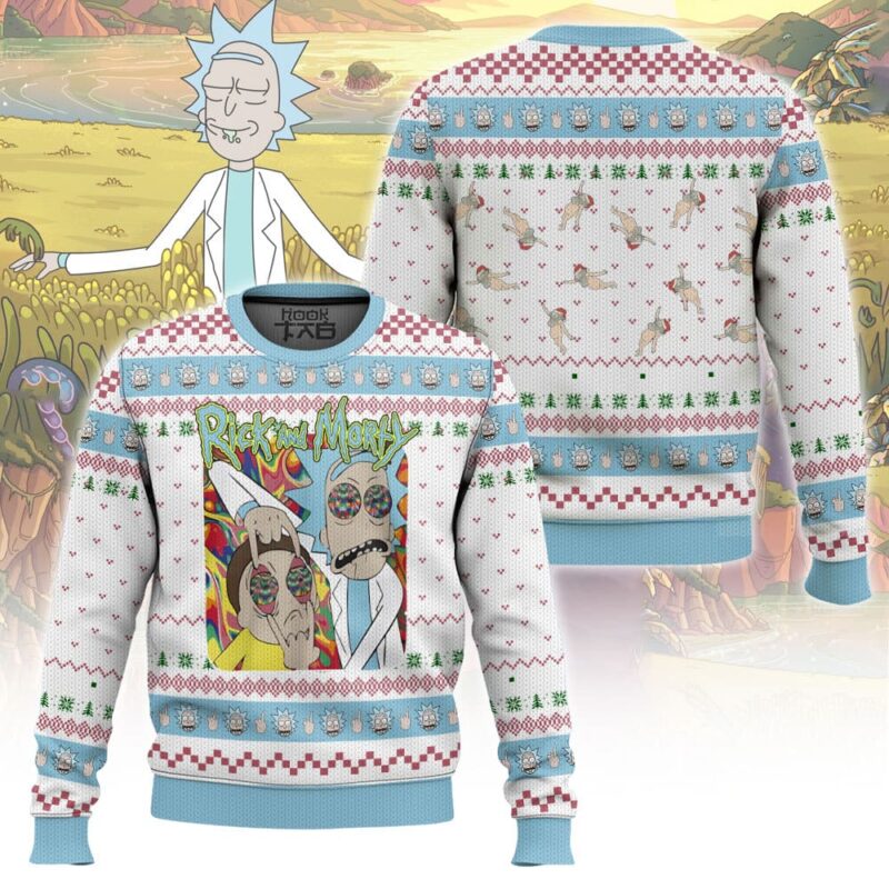 Hooktab Rick And Morty In Mushroom Tripping Ugly Christmas Sweater Hooktab Rick And Morty In Mushroom Tripping Ugly Christmas Sweater