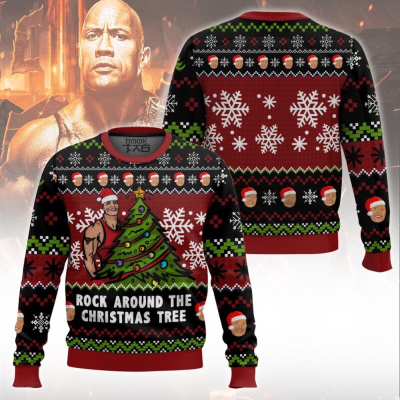 Hooktab Rock Around The Xmas Tree WWE Ugly Christmas Sweater Hooktab Rock Around The Xmas Tree WWE Ugly Christmas Sweater