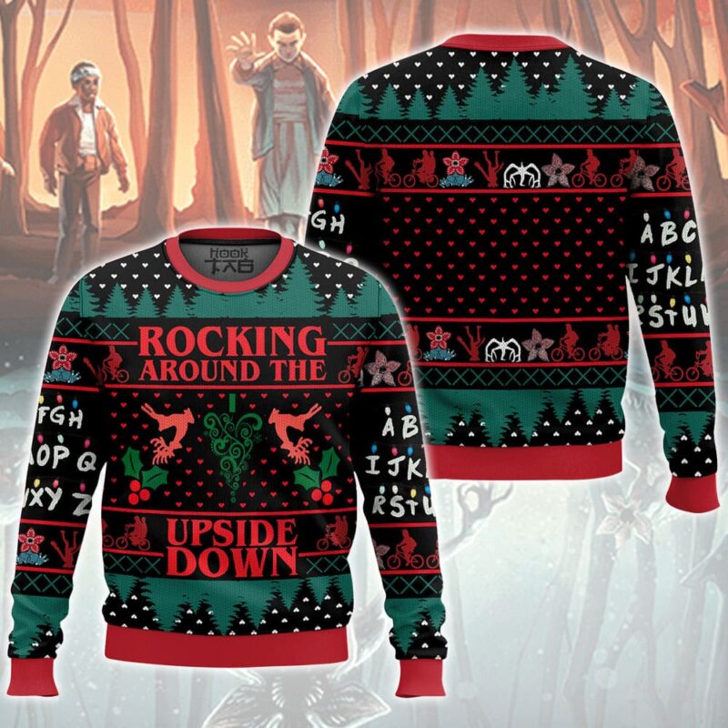 Hooktab Rocking Around The Upside Down Stranger Things Ugly Christmas Sweater Hooktab Rocking Around The Upside Down Stranger Things Ugly Christmas Sweater