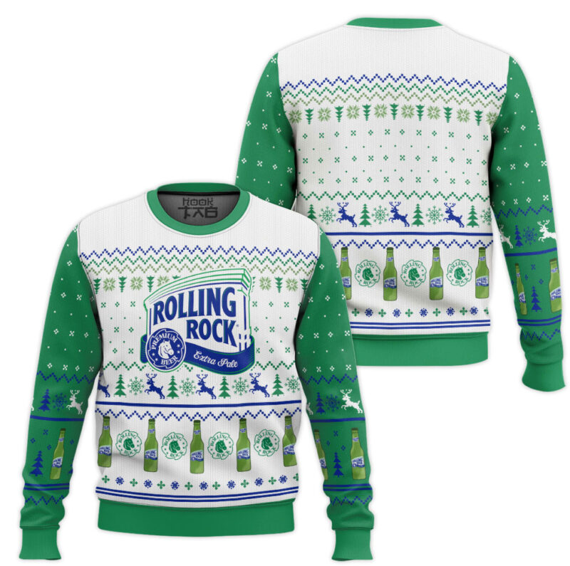 Hooktab Rolling Rock Beer Ugly Christmas Sweater Hooktab Rolling Rock Beer Ugly Christmas Sweater