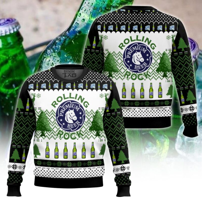 Hooktab Rolling Rock Premium Beer Ugly Christmas Sweater Hooktab Rolling Rock Premium Beer Ugly Christmas Sweater