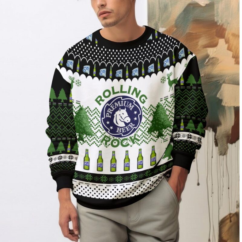 Hooktab Rolling Rock Premium Beer Ugly Christmas Sweater Hooktab Rolling Rock Premium Beer Ugly Christmas Sweater