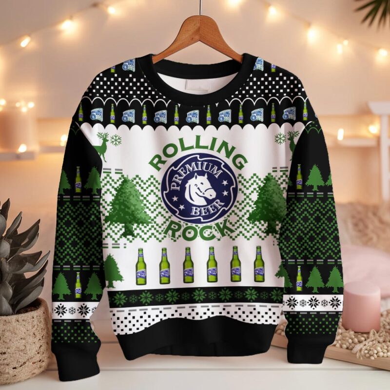 Hooktab Rolling Rock Premium Beer Ugly Christmas Sweater Hooktab Rolling Rock Premium Beer Ugly Christmas Sweater
