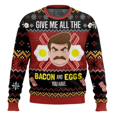 Hooktab Ron Swanson Give Me All The Bacon And Eggs You Have Parks And Recreation Ugly Christmas Sweater