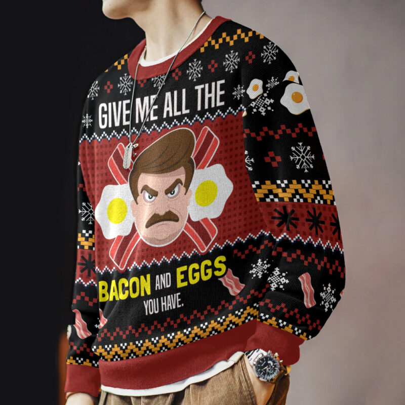Hooktab Ron Swanson Give Me All The Bacon And Eggs You Have Parks And Recreation Ugly Christmas Sweater Hooktab Ron Swanson Give Me All The Bacon And Eggs You Have Parks And Recreation Ugly Christmas Sweater
