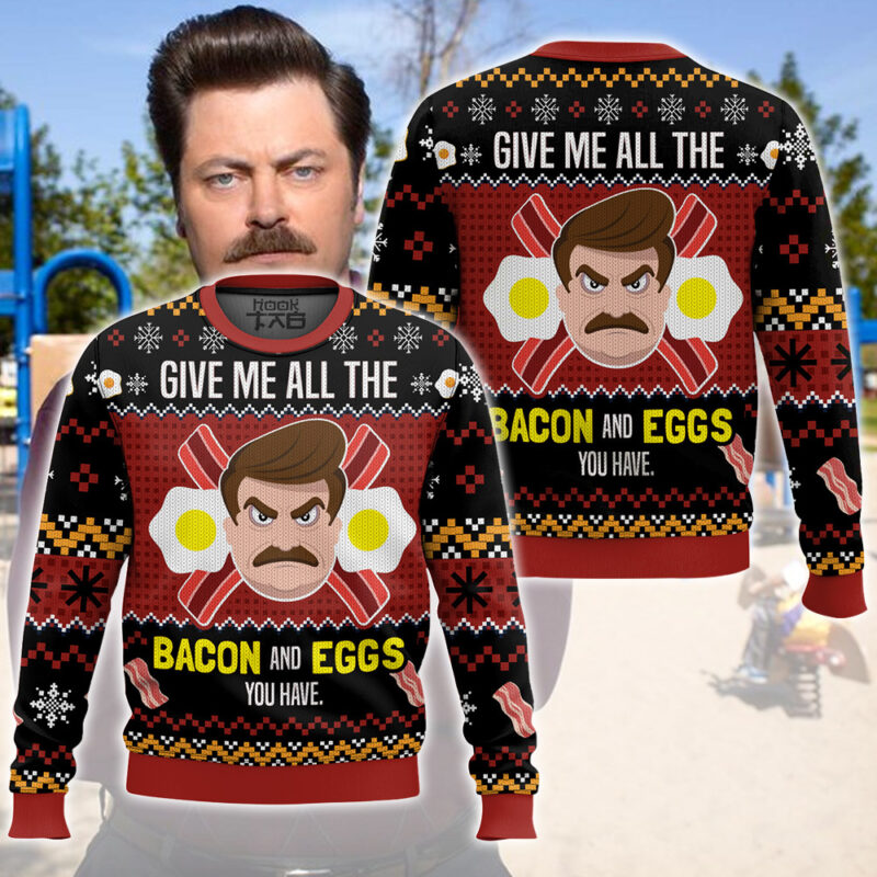 Hooktab Ron Swanson Give Me All The Bacon And Eggs You Have Parks And Recreation Ugly Christmas Sweater Hooktab Ron Swanson Give Me All The Bacon And Eggs You Have Parks And Recreation Ugly Christmas Sweater
