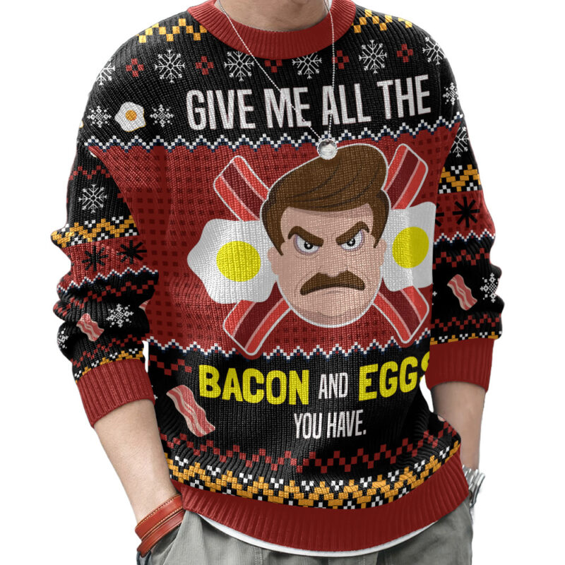 Hooktab Ron Swanson Give Me All The Bacon And Eggs You Have Parks And Recreation Ugly Christmas Sweater Hooktab Ron Swanson Give Me All The Bacon And Eggs You Have Parks And Recreation Ugly Christmas Sweater