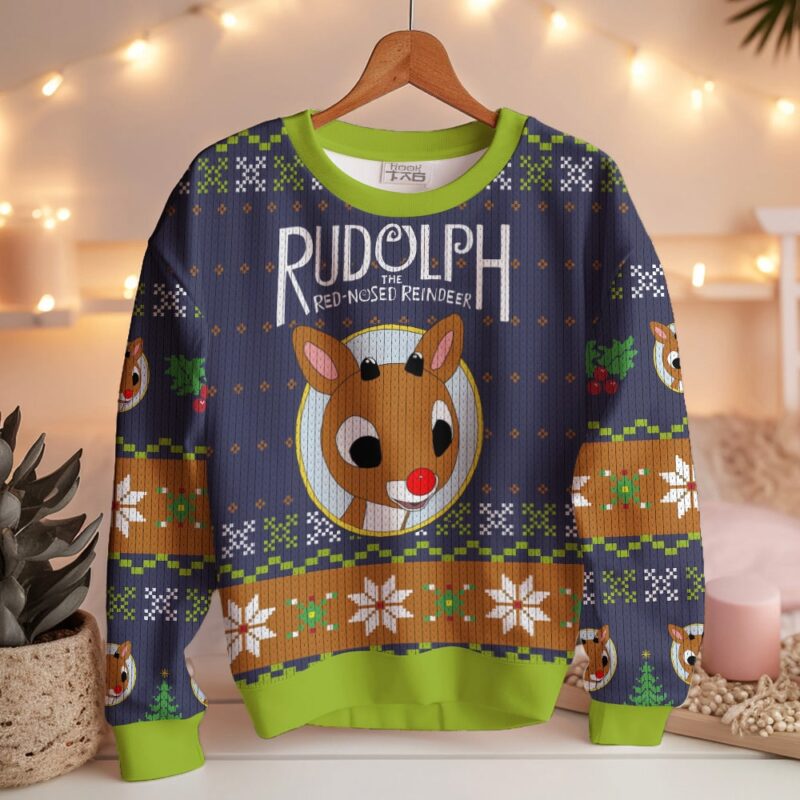 Hooktab Rudolph The Red-nosed Reindeer Ugly Christmas Sweater Hooktab Rudolph The Red-nosed Reindeer Ugly Christmas Sweater