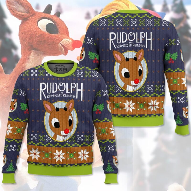 Hooktab Rudolph The Red-nosed Reindeer Ugly Christmas Sweater Hooktab Rudolph The Red-nosed Reindeer Ugly Christmas Sweater