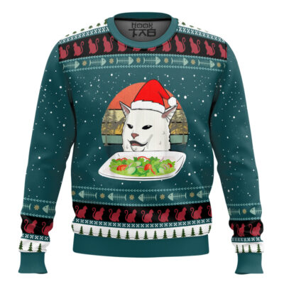 Hooktab Sad Cat On Table Woman Yelling At Cat Meme Ugly Christmas Sweater