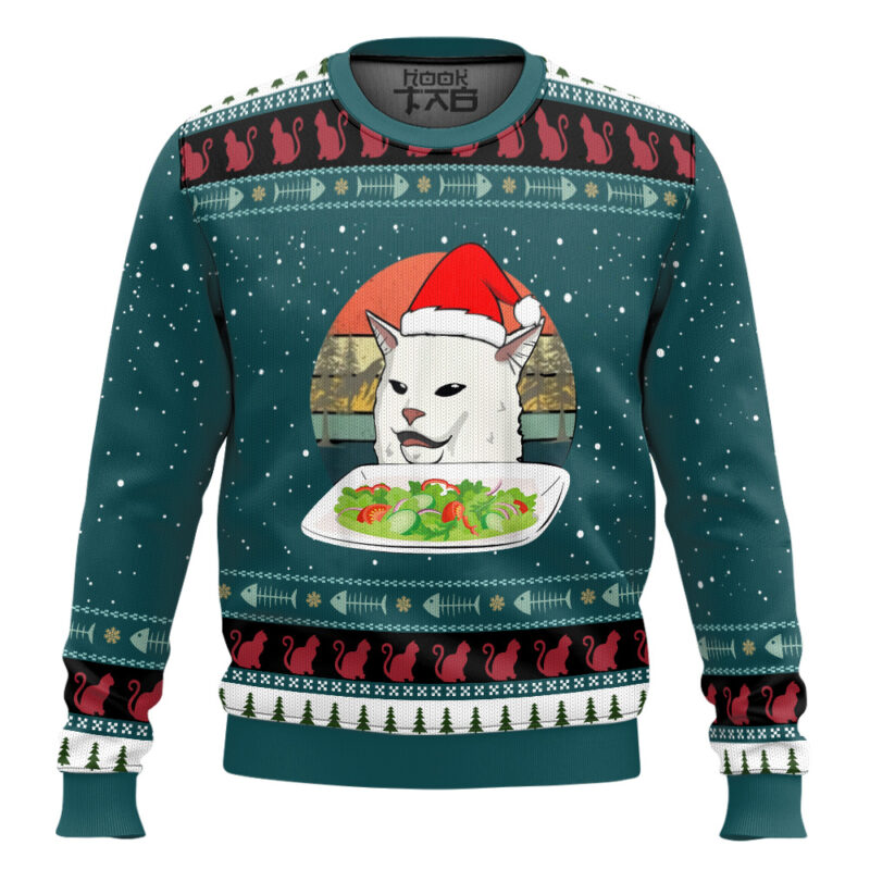 Hooktab Sad Cat On Table Woman Yelling At Cat Meme Ugly Christmas Sweater Hooktab Sad Cat On Table Woman Yelling At Cat Meme Ugly Christmas Sweater
