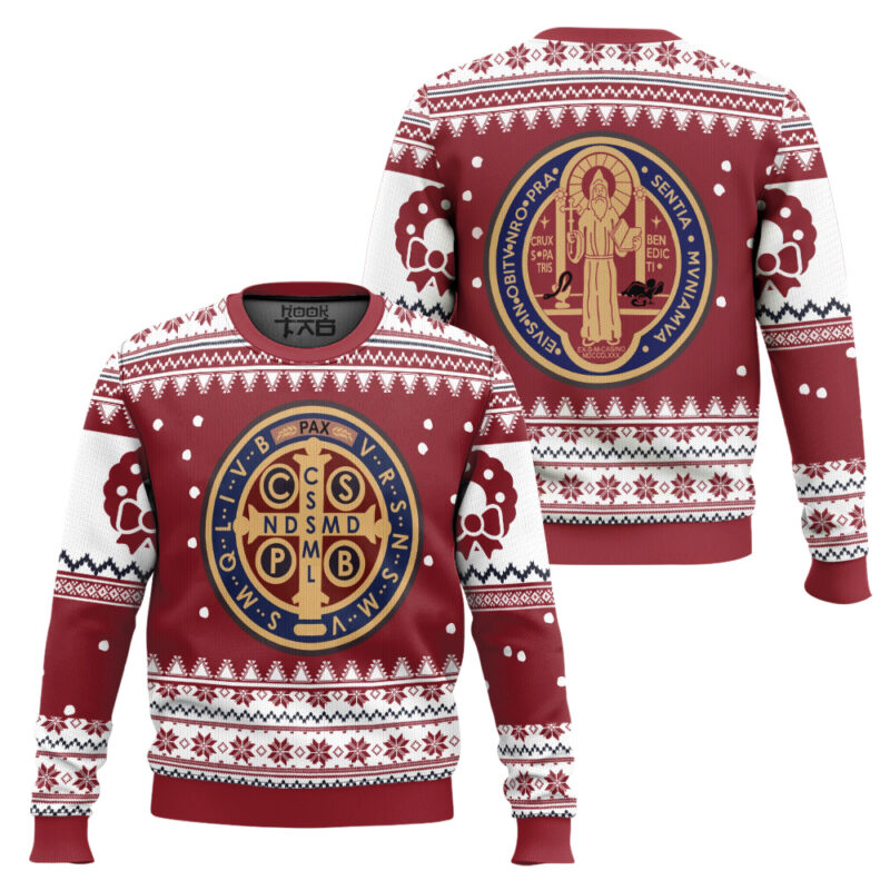 Hooktab Saint Benedict Medal Ugly Christmas Sweater Hooktab Saint Benedict Medal Ugly Christmas Sweater