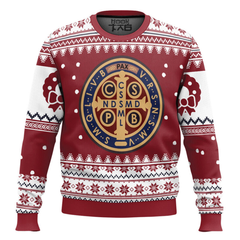 Hooktab Saint Benedict Medal Ugly Christmas Sweater Hooktab Saint Benedict Medal Ugly Christmas Sweater
