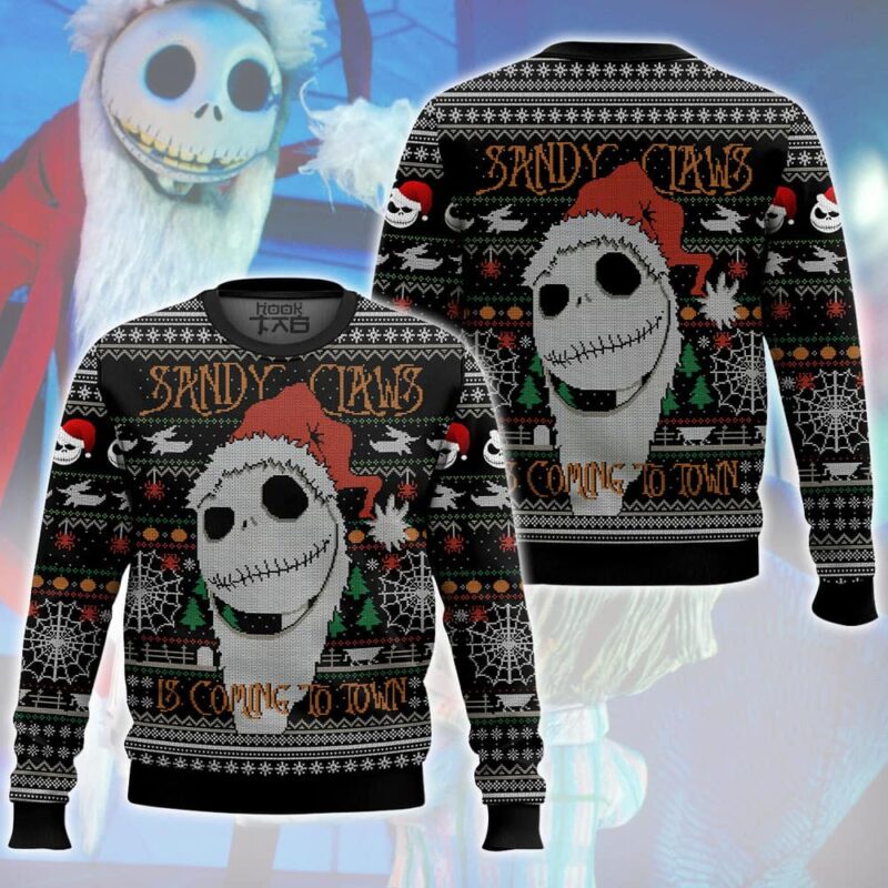 Hooktab Sandy Claws Is Coming To Town Jack Skellington Ugly Christmas Sweater Hooktab Sandy Claws Is Coming To Town Jack Skellington Ugly Christmas Sweater