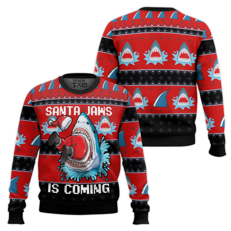 Hooktab Santa Jaws Is Coming Ugly Christmas Sweater Hooktab Santa Jaws Is Coming Ugly Christmas Sweater