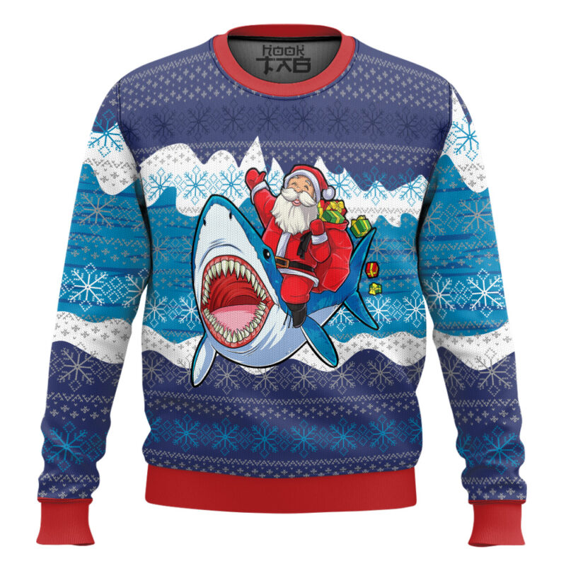 Hooktab Santa Riding Shark Ugly Christmas Sweater