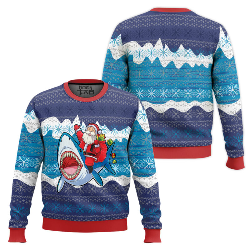 Hooktab Santa Riding Shark Ugly Christmas Sweater Hooktab Santa Riding Shark Ugly Christmas Sweater