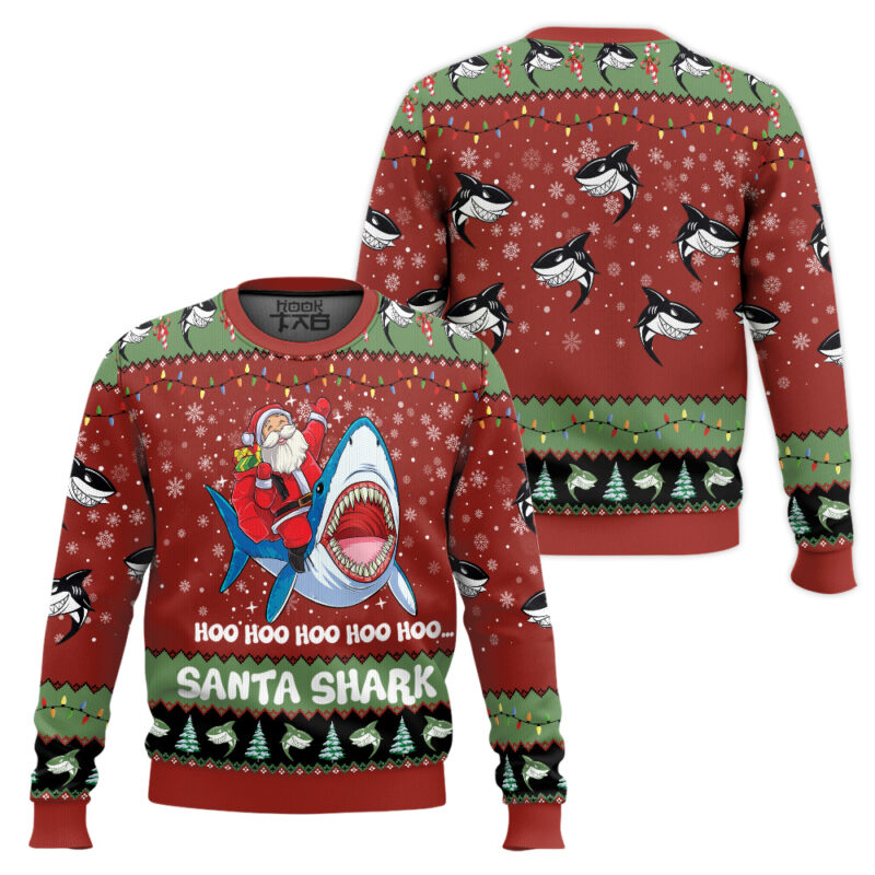 Hooktab Santa Shark Hoo Hoo Hoo Ugly Christmas Sweater Hooktab Santa Shark Hoo Hoo Hoo Ugly Christmas Sweater