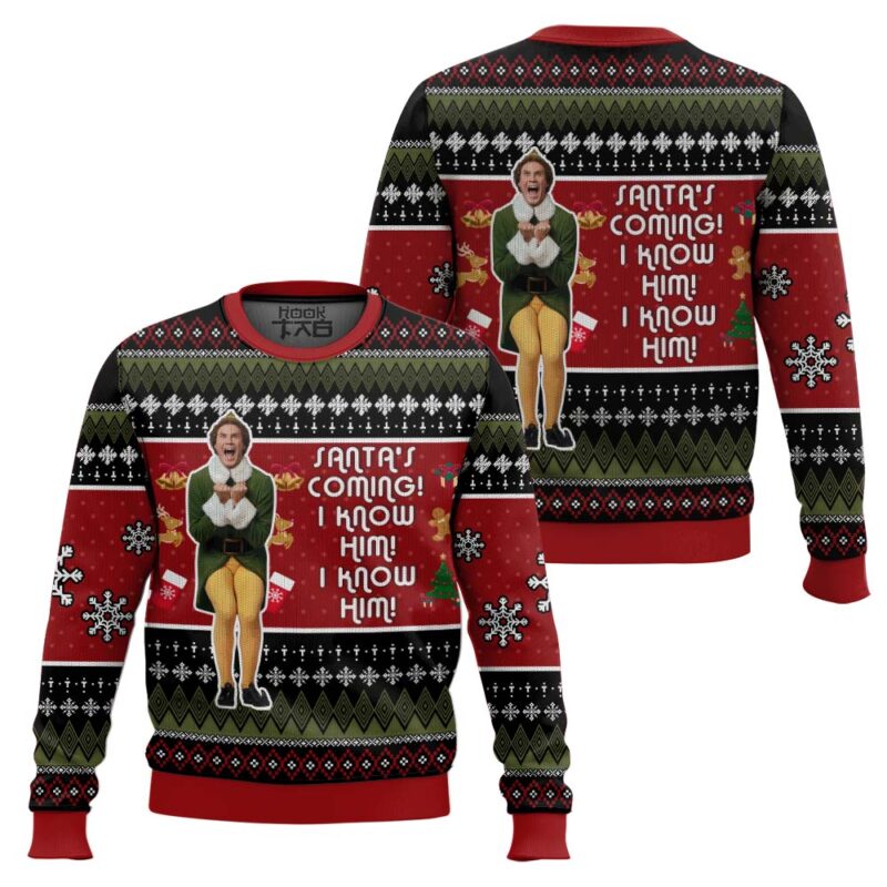 Hooktab Santa's Coming Elf Ugly Christmas Sweater Hooktab Santa's Coming Elf Ugly Christmas Sweater