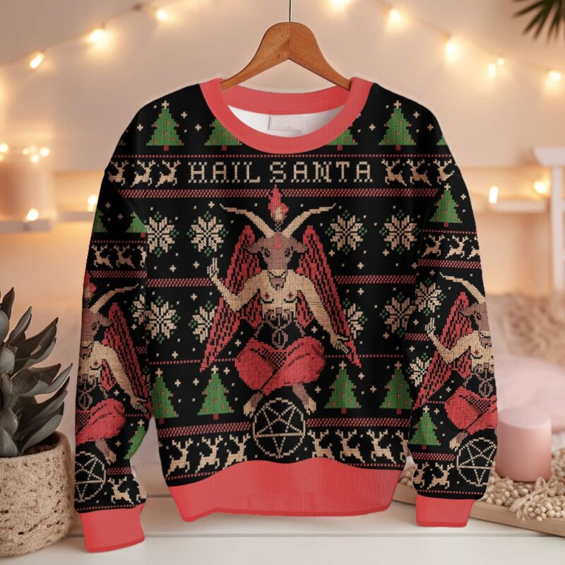 Hooktab Satan Claus Hail Santa Ugly Christmas Sweater Hooktab Satan Claus Hail Santa Ugly Christmas Sweater