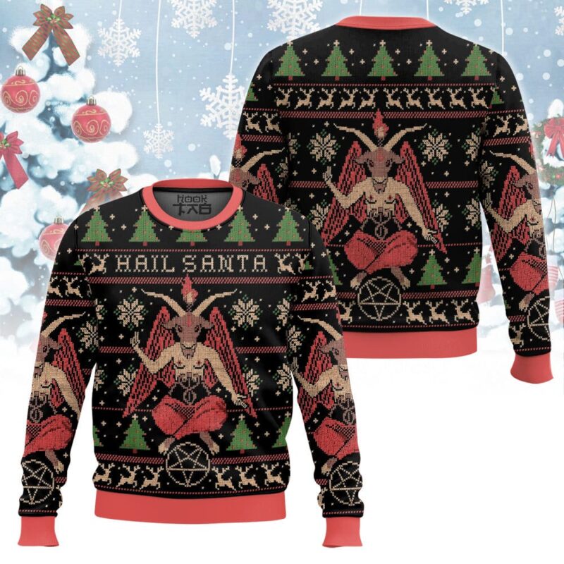Hooktab Satan Claus Hail Santa Ugly Christmas Sweater Hooktab Satan Claus Hail Santa Ugly Christmas Sweater