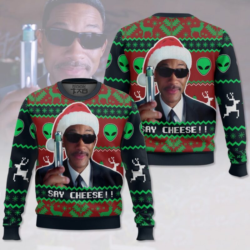 Hooktab Say Cheese! Men In Black Ugly Christmas Sweater Hooktab Say Cheese! Men In Black Ugly Christmas Sweater