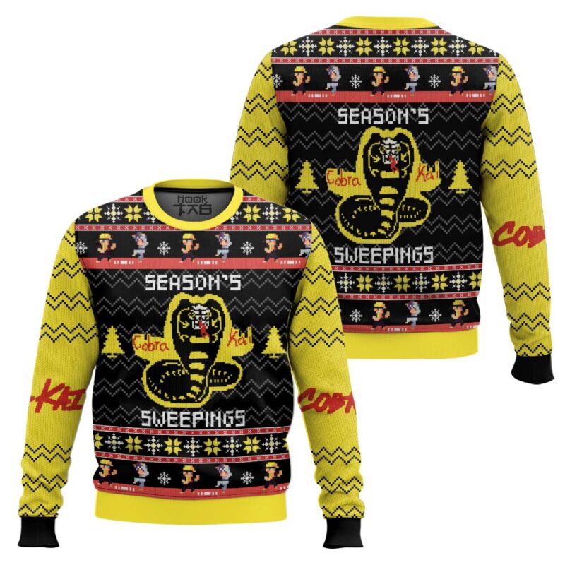 Hooktab Season's Sweepings Cobra Kai Ugly Christmas Sweater Hooktab Season's Sweepings Cobra Kai Ugly Christmas Sweater