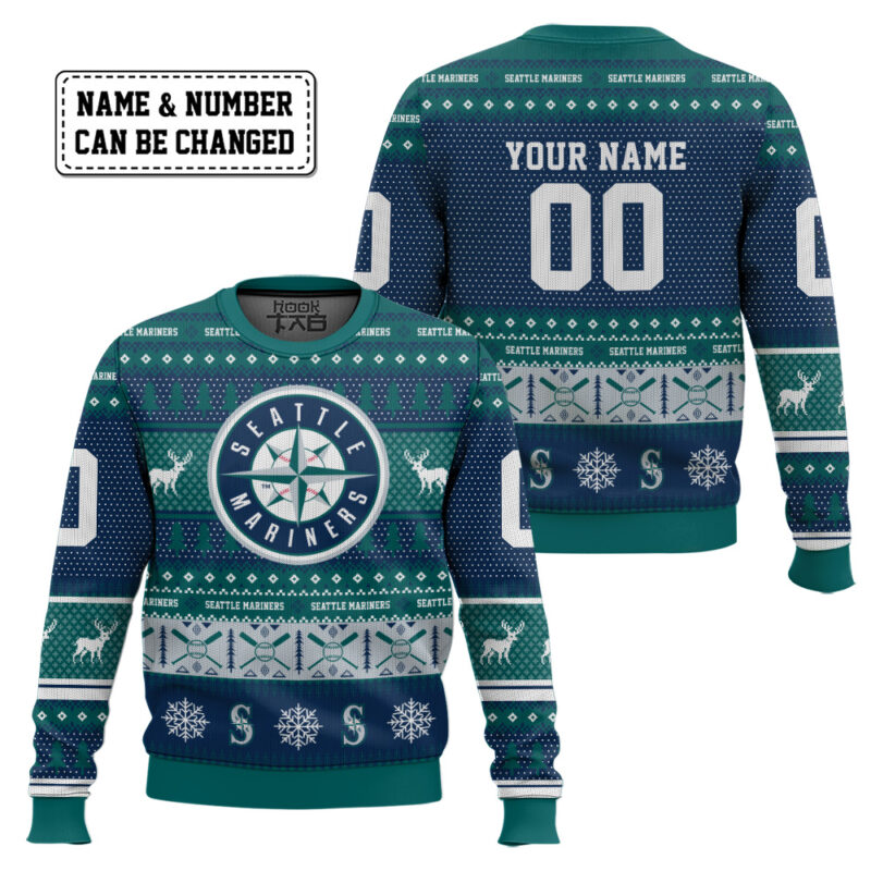 Hooktab Seattle Mariners - Custom Name And Number Ugly Sweater Hooktab Seattle Mariners - Custom Name And Number Ugly Sweater