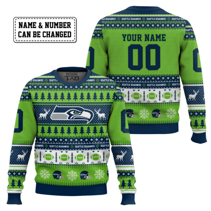 Hooktab Seattle Seahawks - Custom Name And Number Ugly Sweater Hooktab Seattle Seahawks - Custom Name And Number Ugly Sweater