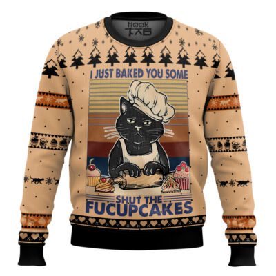 Hooktab Shut The Fucupcakes Black Cat Ugly Christmas Sweater