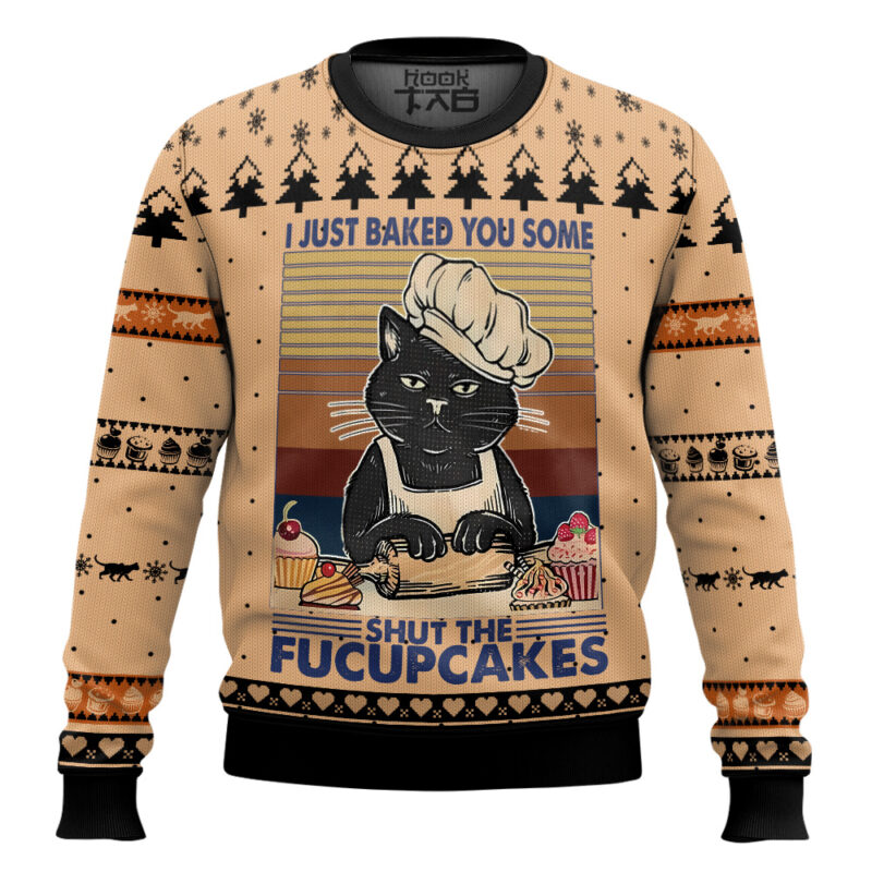 Hooktab Shut The Fucupcakes Black Cat Ugly Christmas Sweater