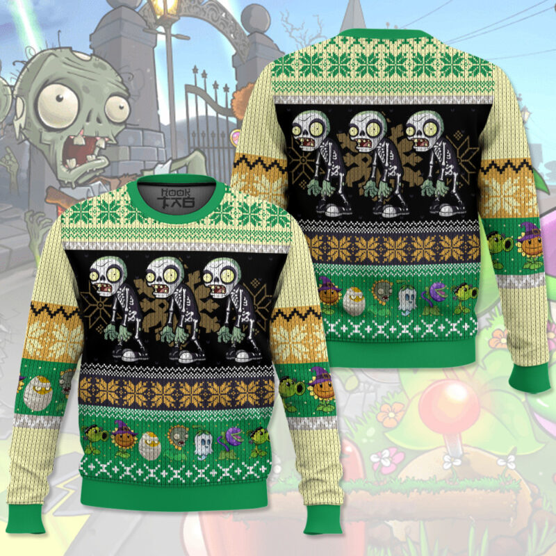 Hooktab Skeleton Plants VS Zombie Ugly Christmas Sweater Hooktab Skeleton Plants VS Zombie Ugly Christmas Sweater